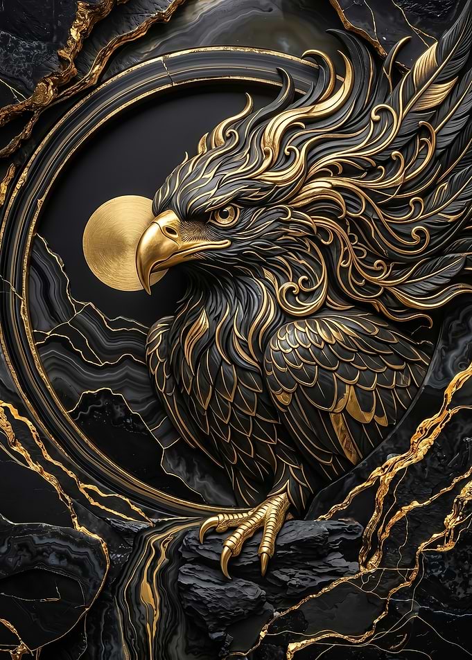 fantasy Golden Eagle on Black Marble