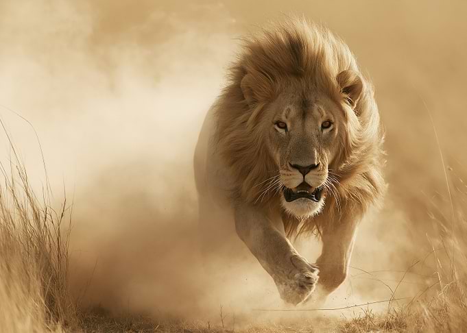 Lion running through dust