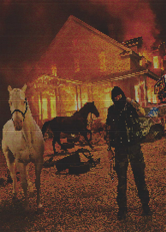Man and horses in burning house