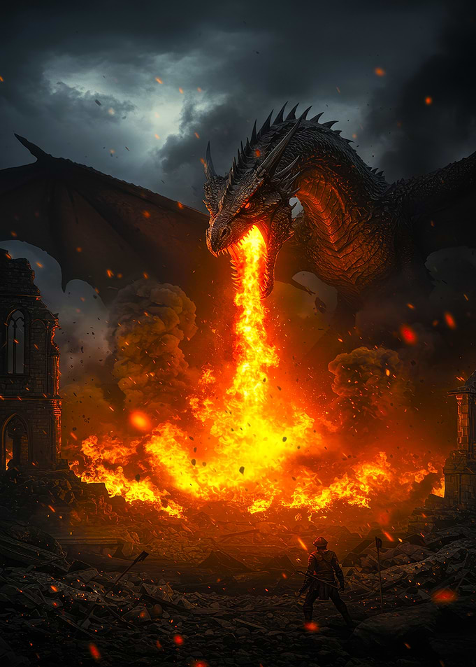 Dragon breathing fire on ruins