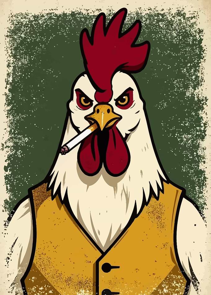 Rooster wearing a vest and smoking