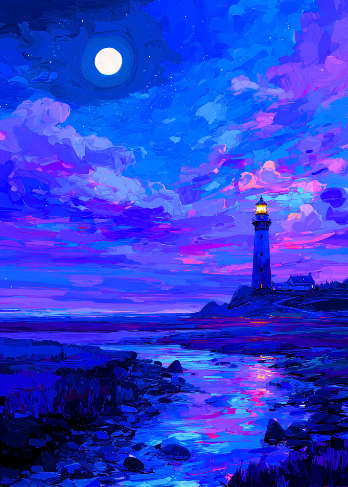 Lighthouse by the Sea at Dusk
