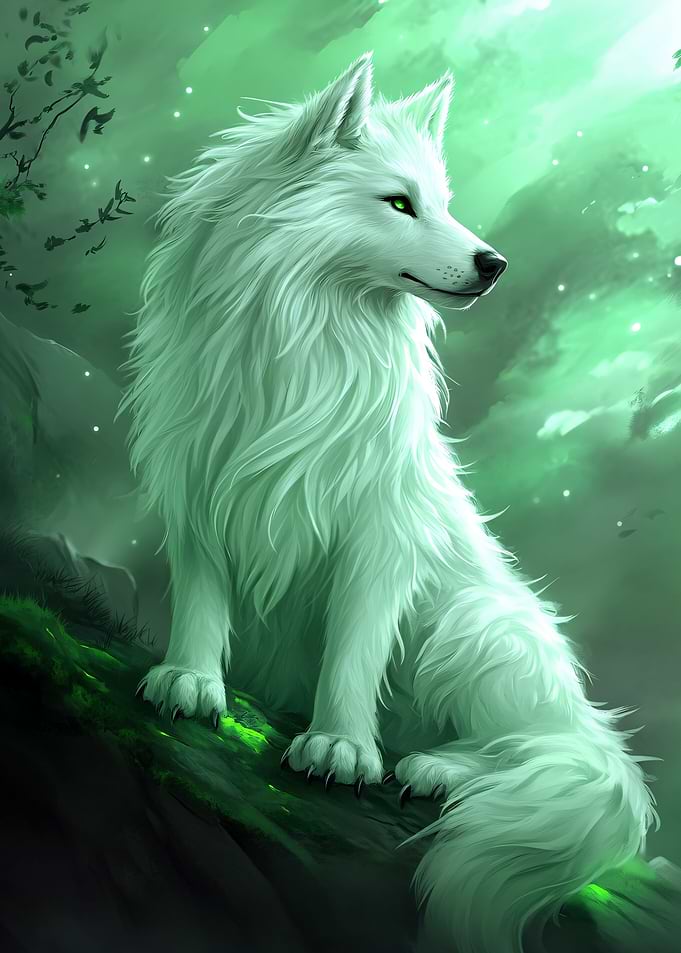 White wolf with green eyes in forest