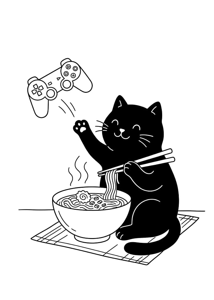 Black Cat Eating Ramen and Playing Games