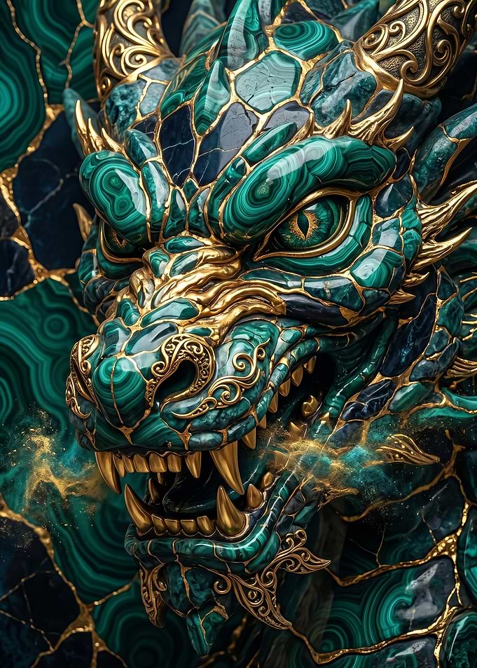 fantasy Malachite and Gold Dragon Head