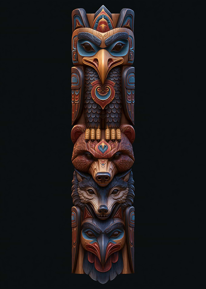 Carved Totem Pole with Animal Faces
