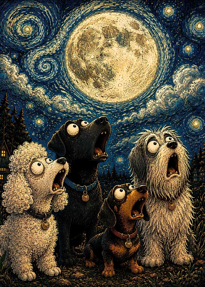 Dogs howling at a Van Gogh-style moon