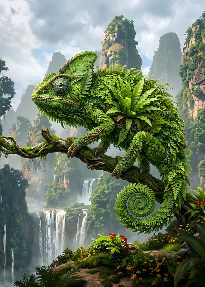 Chameleon made of leaves on a branch