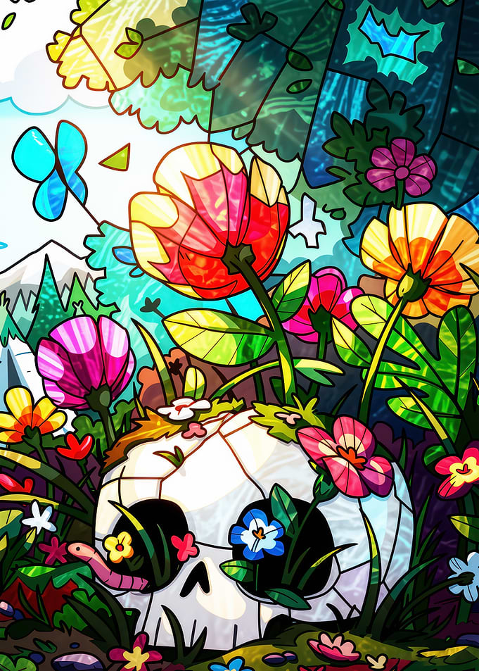Skull with Flowers and Butterfly cult of the lamb