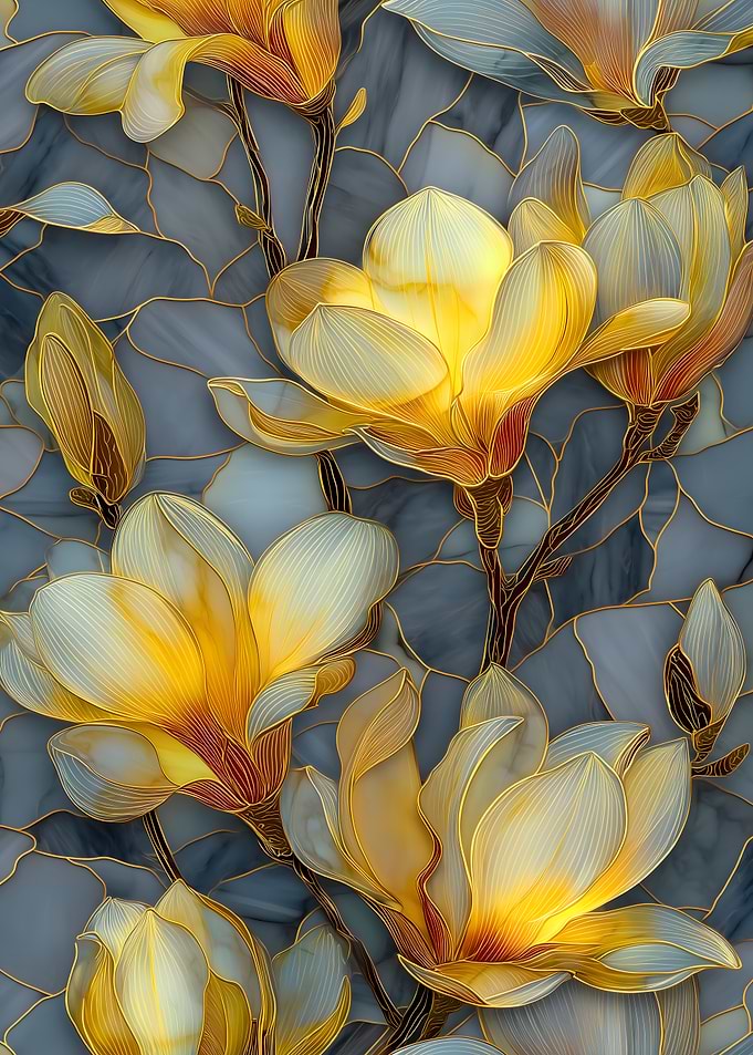 Golden Magnolia Flowers with Blue Background
