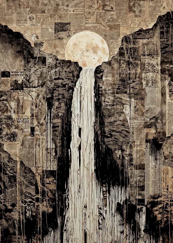 Moonlight Waterfall Mountain Newspaper Collage