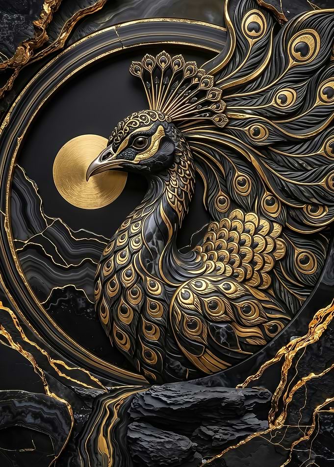 fantasy Golden Peacock on Black Background