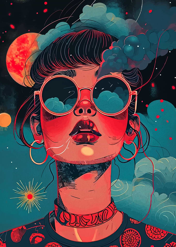 Woman in Sunglasses with Cosmic Background