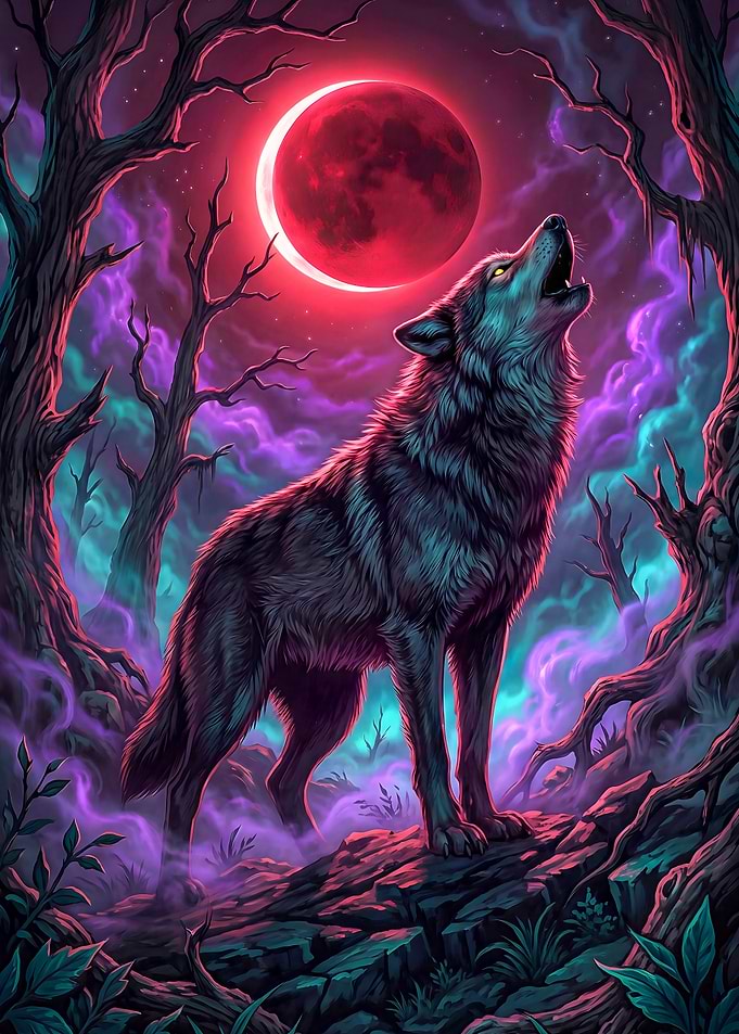 Alpha Wolf Howling at Red Moon