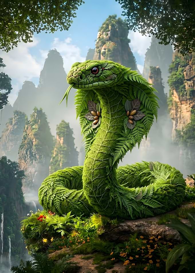 Green Cobra Snake Made of Ferns