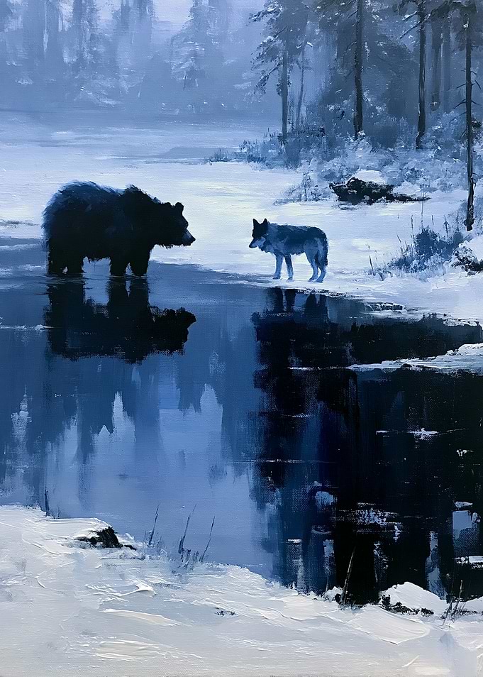 Bear and Wolf in Snowy Landscape