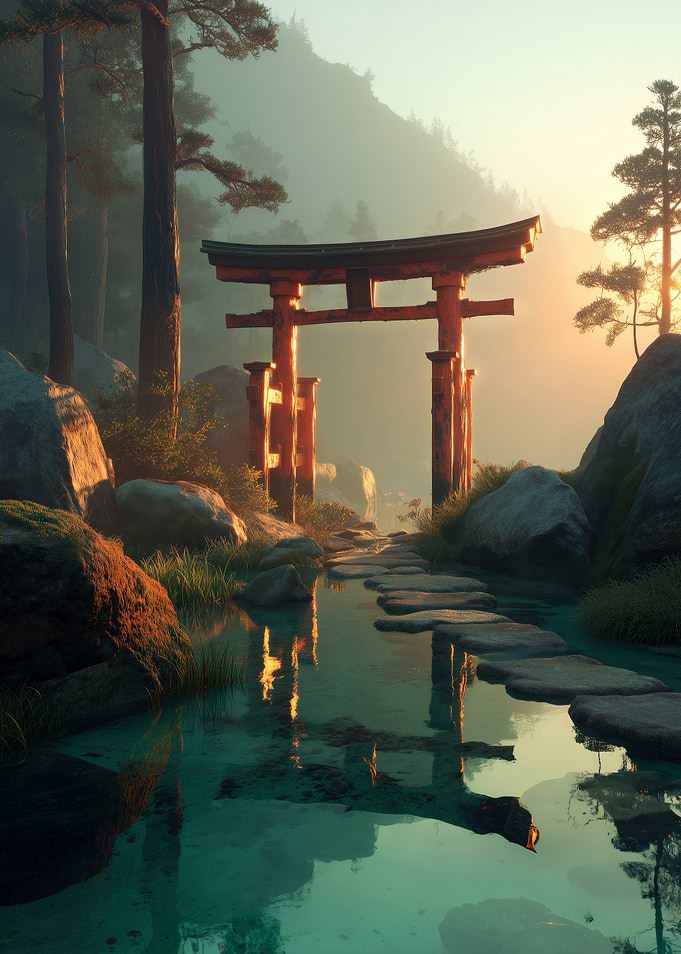 Torii Gate Misty Forest Japanese Zen Nature Art