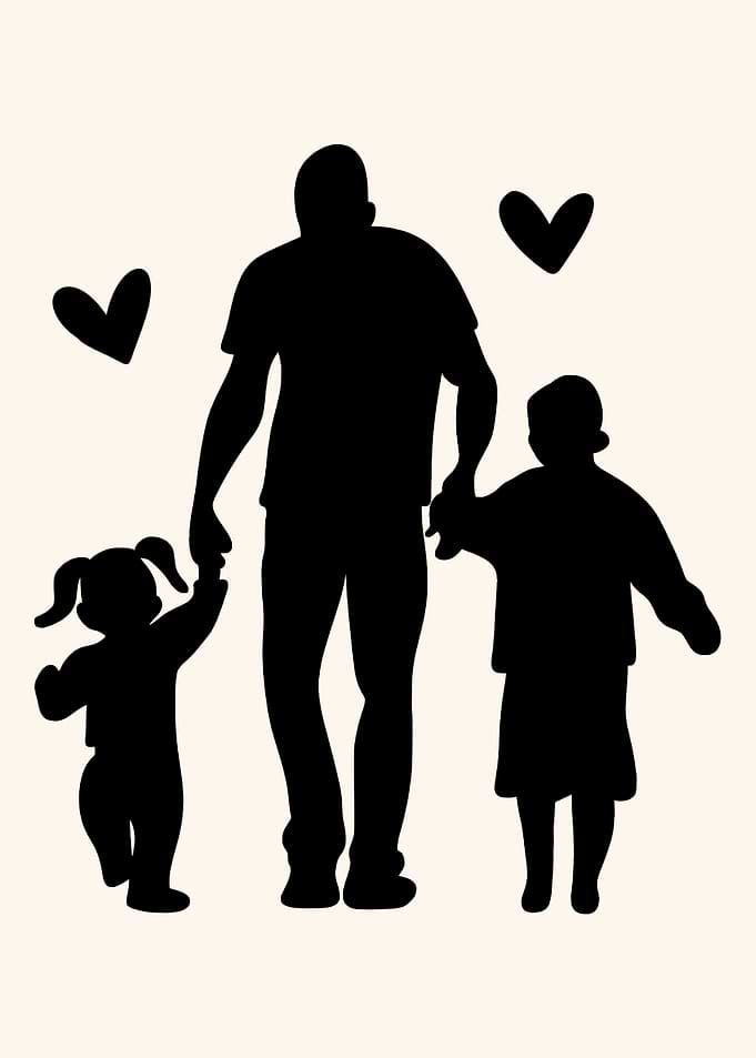Father and children silhouette with hearts