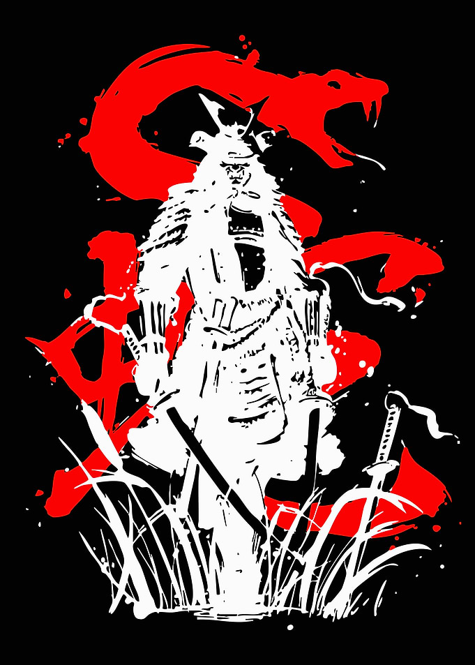 Samurai Warrior with Red Snake and Swords