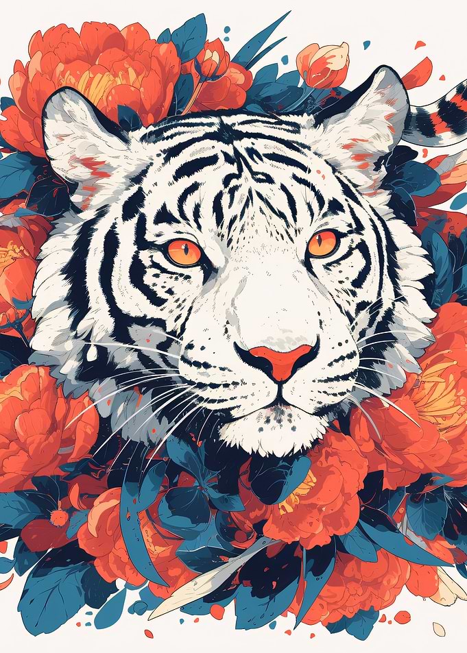 White Tiger Surrounded by Flowers