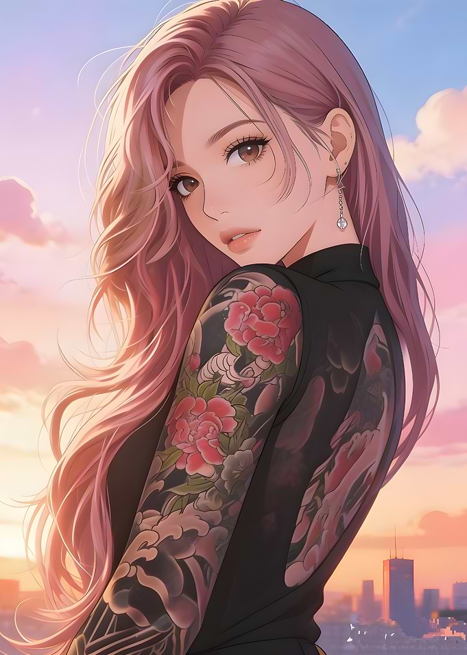 Anime girl with pink hair and tattoos