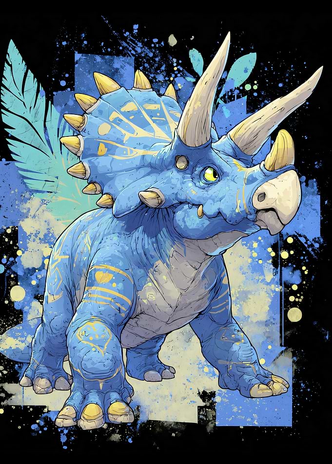 Blue Triceratops Dinosaur Art