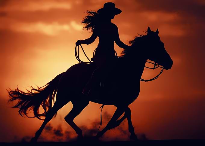 Cowgirl Riding Horse at Sunset