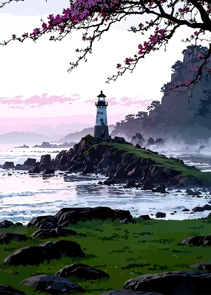 Lighthouse on a rocky island with cherry blossoms
