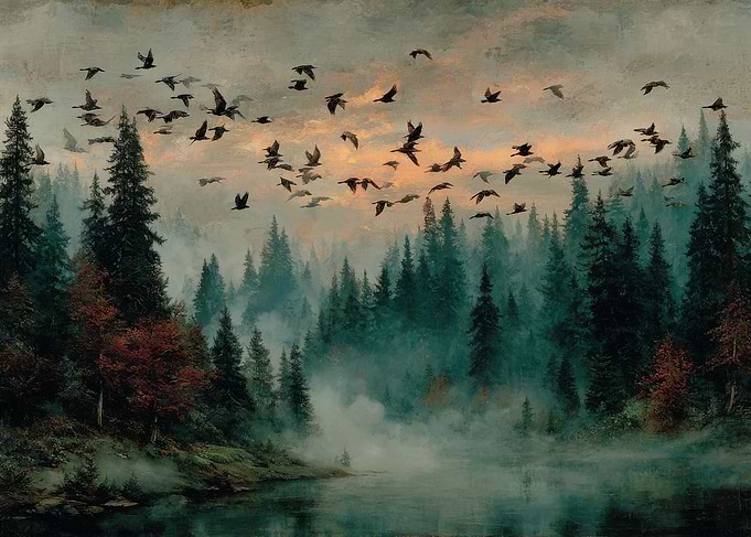 Flock of Birds Over Misty Forest Lake