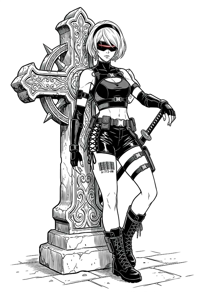 2B leaning on a cross