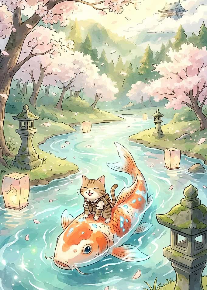Cat Riding Koi Fish in Cherry Blossom Stream