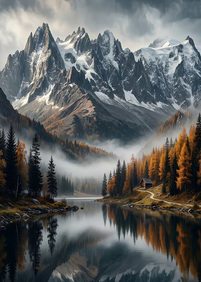 Autumn Mountain Lake Cabin