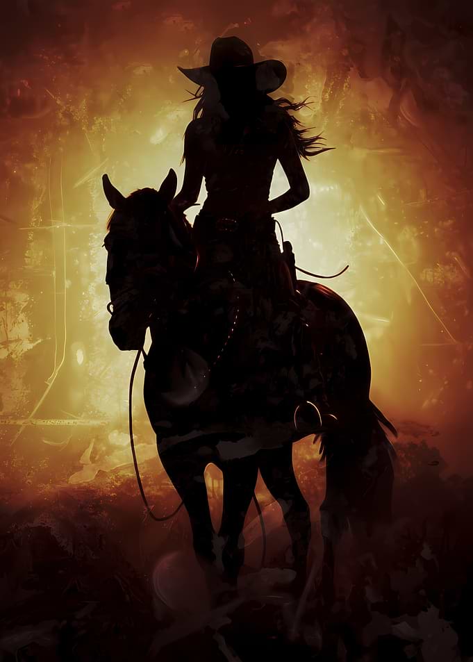 Cowgirl Riding Horse in Fiery Landscape