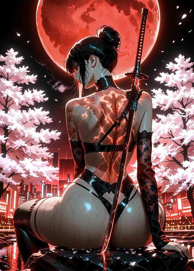 Cyberpunk Samurai Woman Under Red Moon