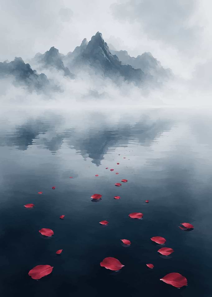 Misty Mountains and Rose Petals on Water