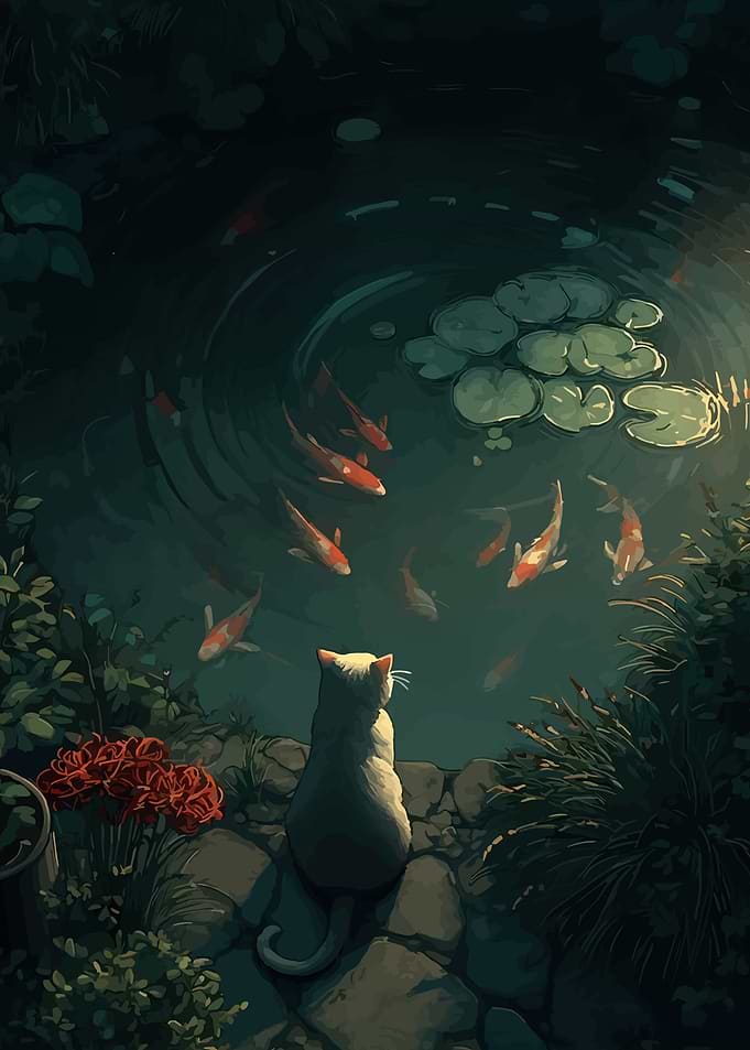 Cat watching koi fish in a pond