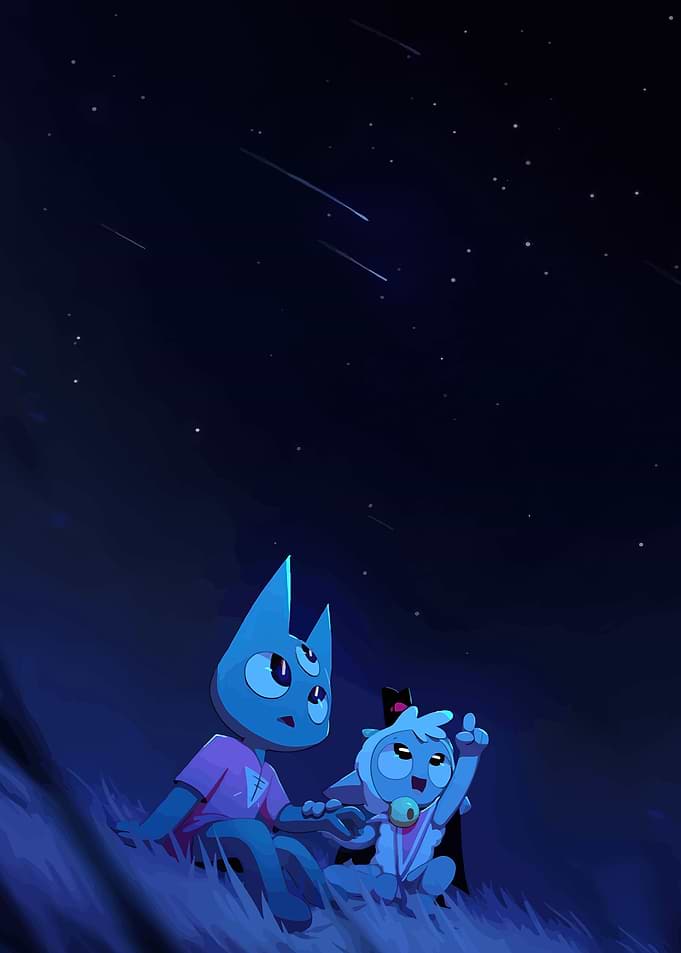 Cute characters watching shooting stars