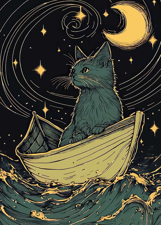 Cat in a Boat Under the Moon