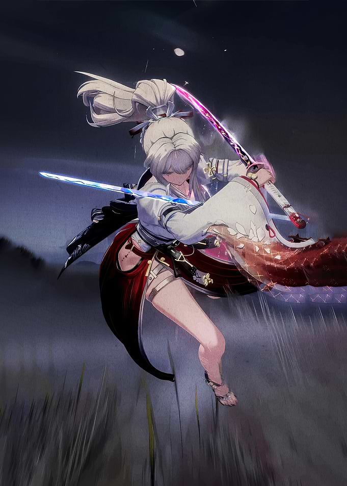 Anime warrior with glowing swords