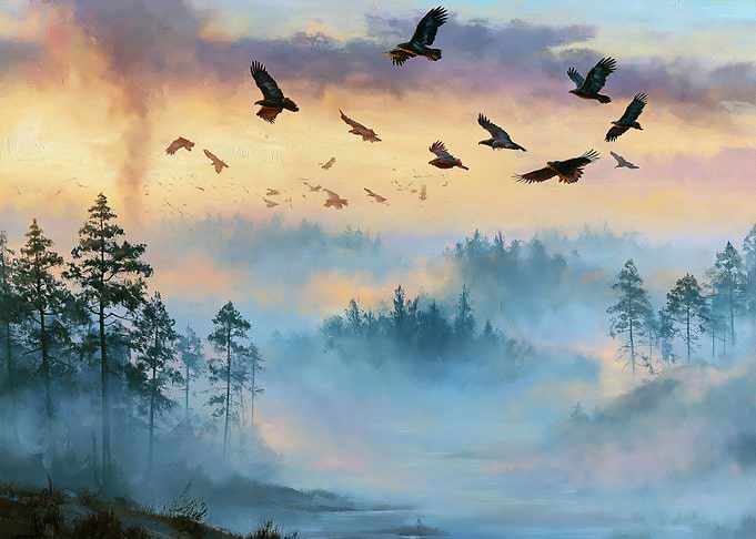 Eagles soaring over misty forest at sunrise