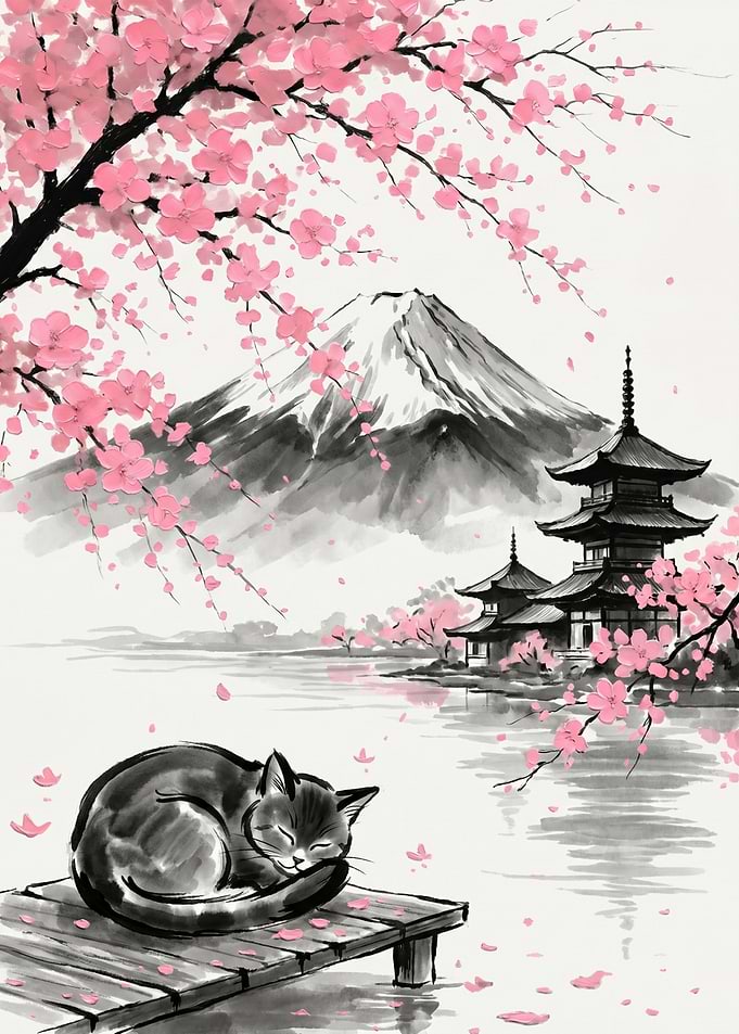 Sleeping Cat Under Cherry Blossoms