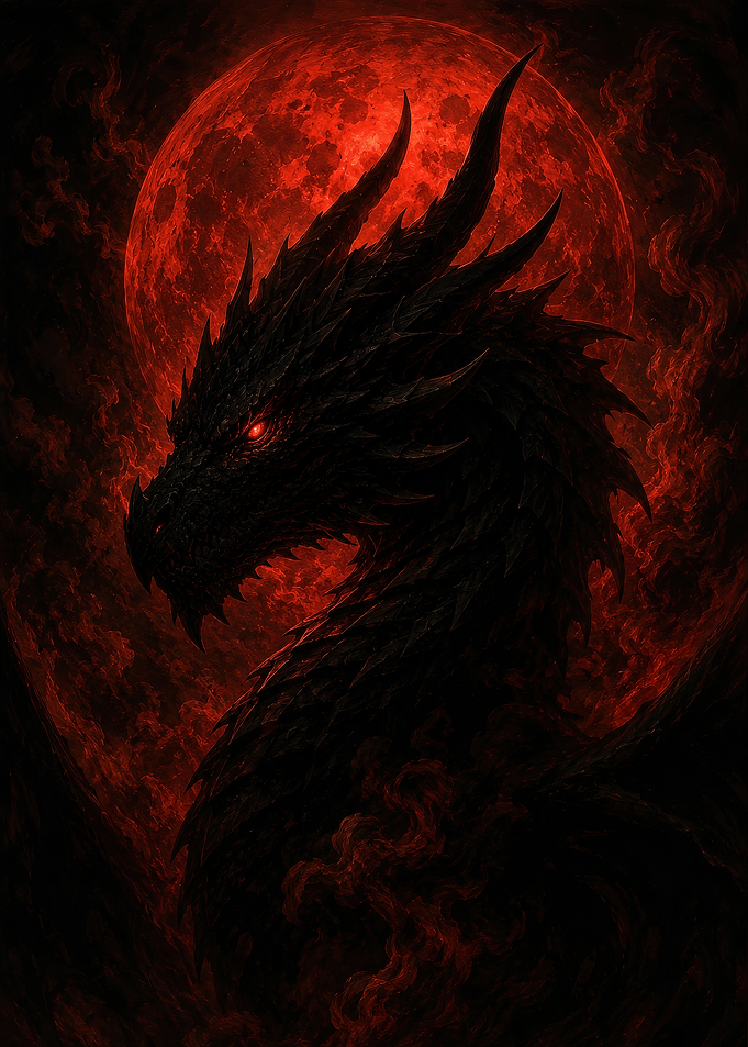 Dark Dragon Against Red Moon