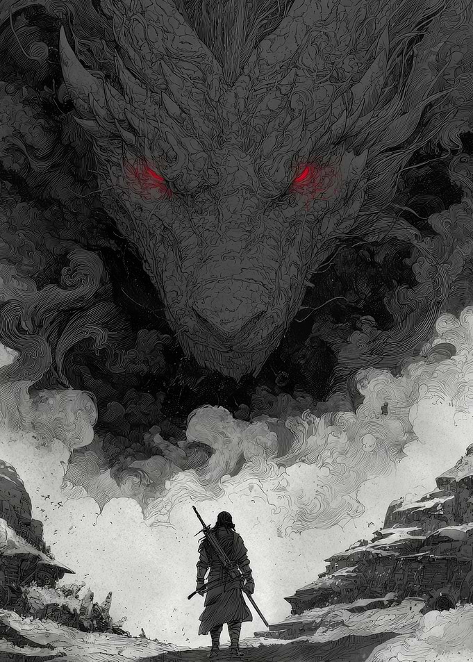 Warrior faces a colossal dragon