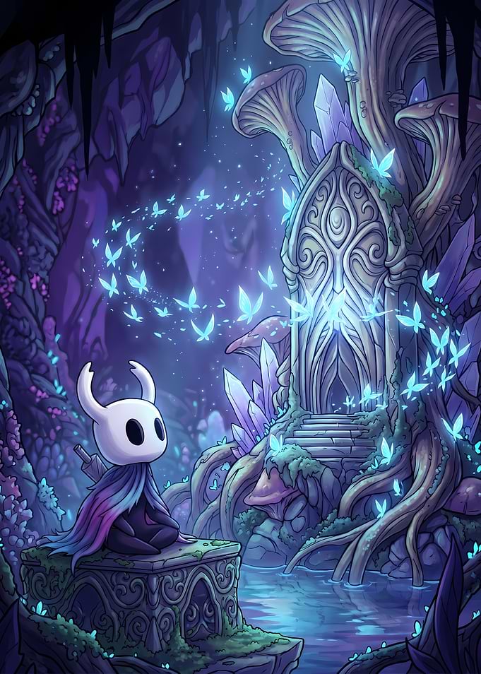 Hollow Knight in a Crystal Cave