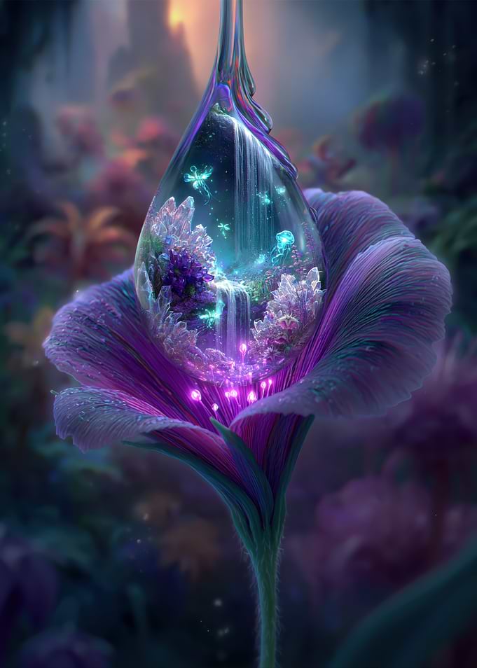 Magical Waterfall Droplet on Flower