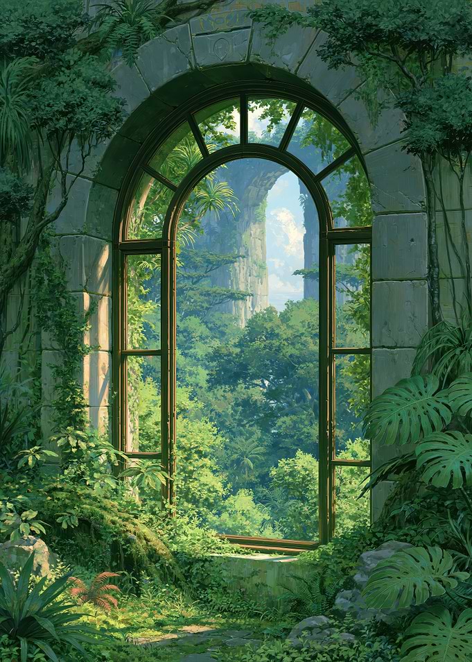 Overgrown Ruined Archway in Lush Forest