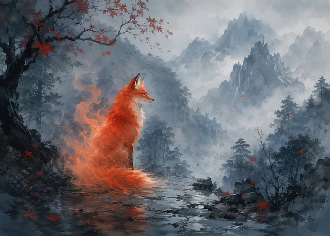 Fiery Fox in Misty Mountains