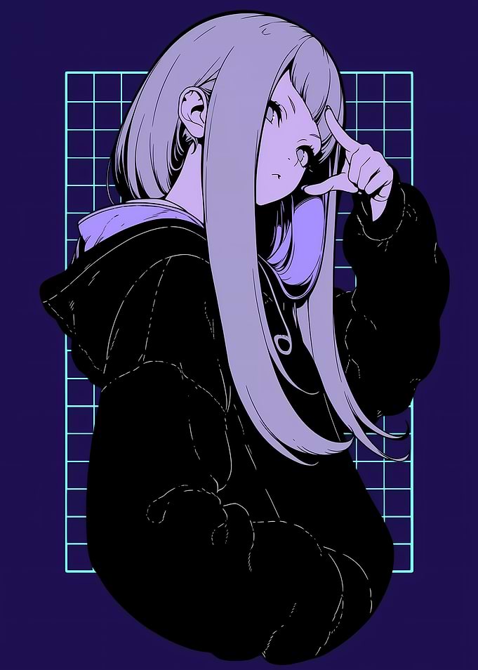 Anime Girl in Hoodie with Grid Background