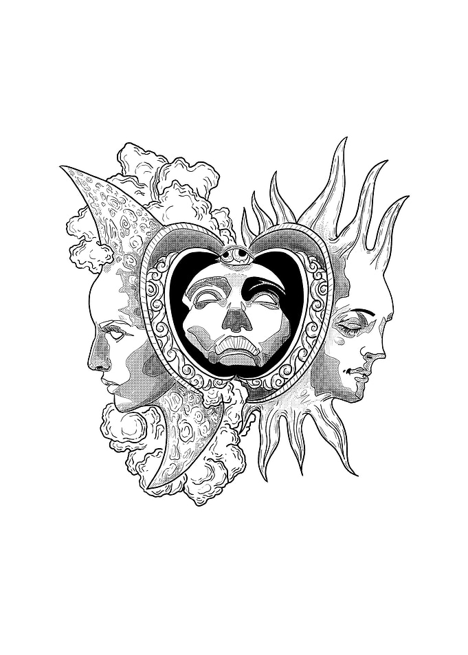 Sun and Moon Faces with Heart