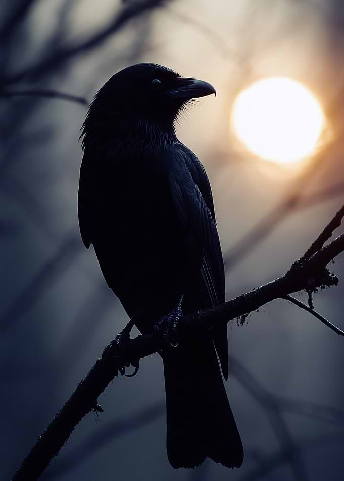 Silhouette of a crow against the sun